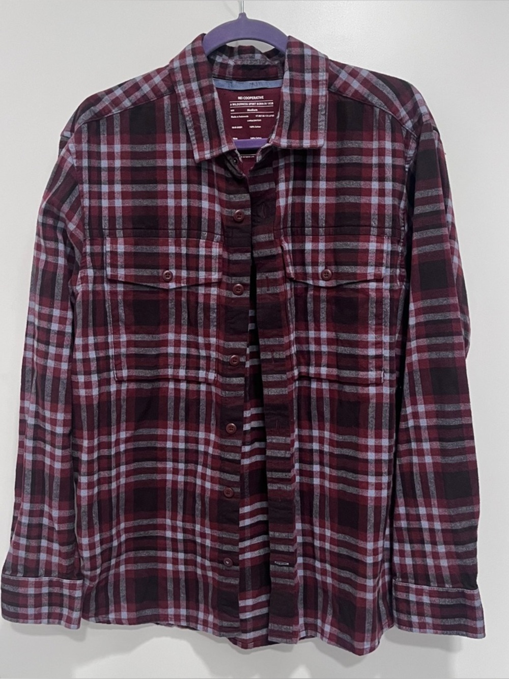 Rei Co-op Medium Maroon Brown Plaid Flannel Button‎ Up Flap Pockets Mens Cotton